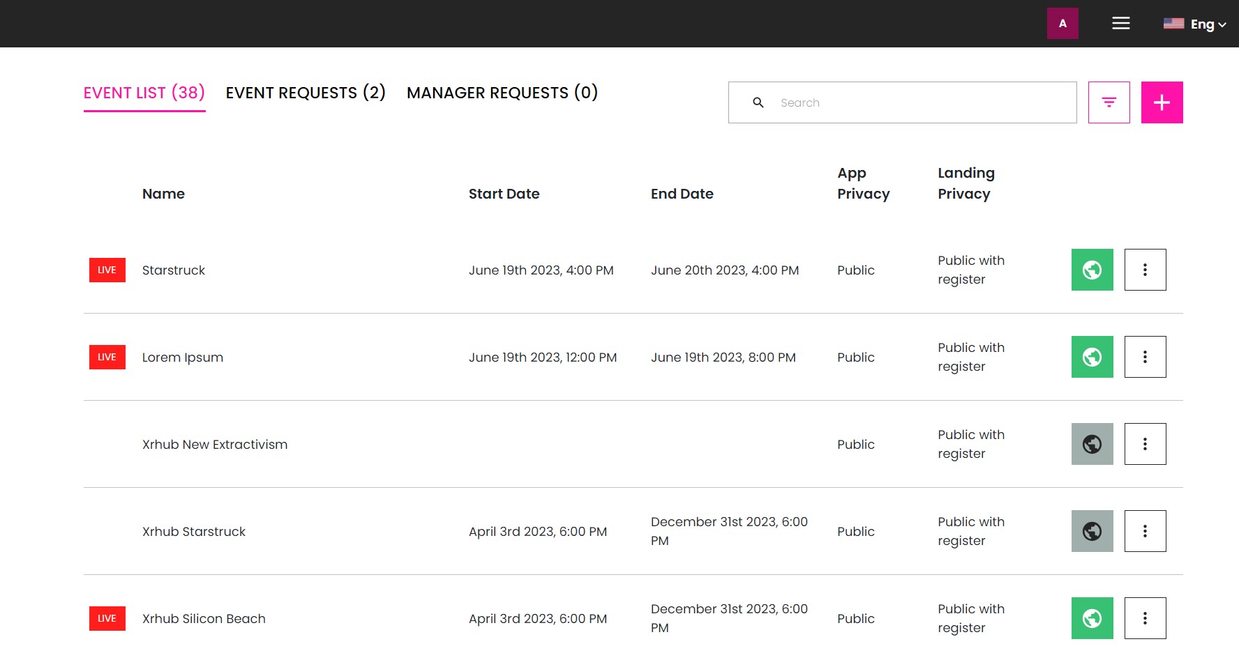 Screenshot Event Management Features