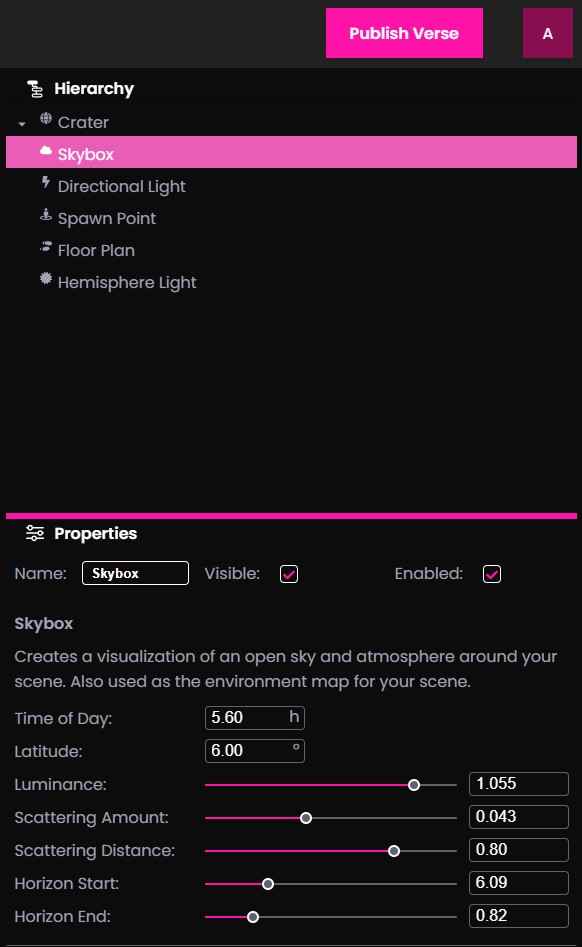 Screenshot of the skybox property panel